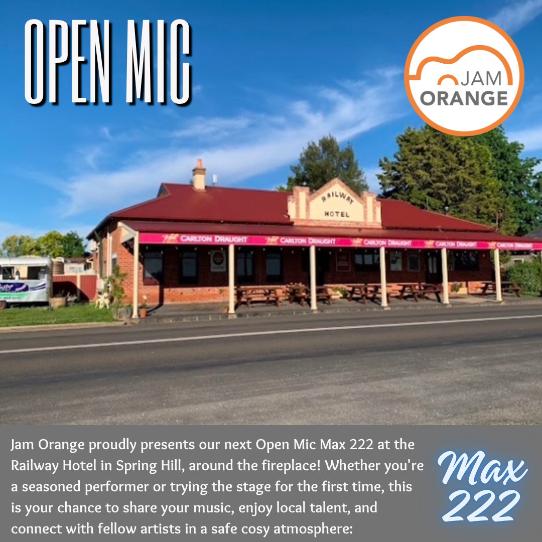 Hey Jammers! 1 week to go till Open Mic at the Railway Hotel in Spring Hill!! 

Everyone is welcome, Any musical instrument is welcome, If you play a harmonica, wash board, spoons, drums, guitar, flute, sing anything at all, then we want you!!

Come on out for a relaxing afternoon and enjoy some music from local musicians!

Also the Railway Hotel has some fantastic meals available and plenty of beverages are available!!

Kick of is at 2pm till 5pm, come on down and put your name on the board and get ready to jam!!

Hope to see you all there 🎶🎤🥁🎸

#railwayhotelspringhill #everyone #orange #jamorange